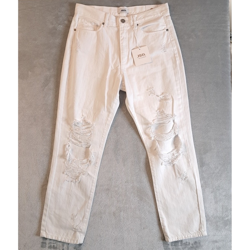 JBD Just Black Denim Jeans 29 High Rise Super Destroyed Girlfriend White NWT
